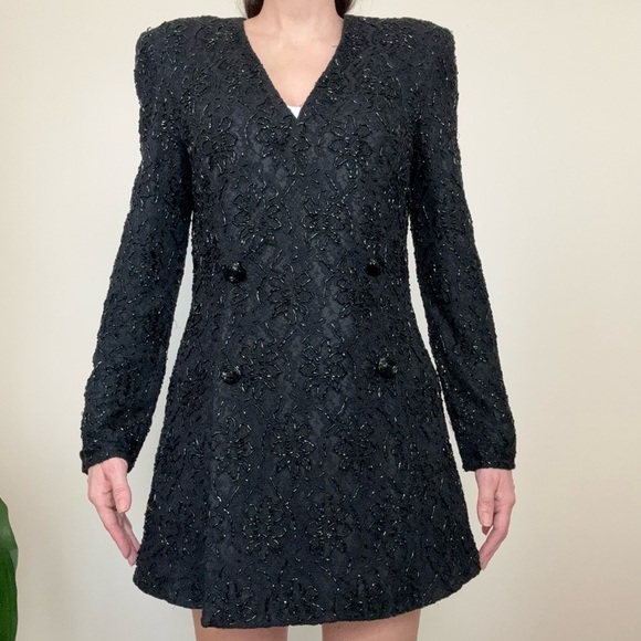 Carmen Marc Valvo Vintage Beaded Lace Double Breasted Blazer Dress Gala Formal - Picture 2 of 11